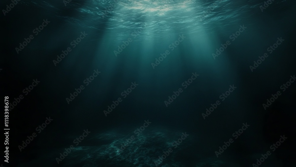 Mysterious underwater scene with sunbeams piercing the deep dark ocean. Mysterious underwater scene with sunbeams piercing the deep dark ocean.