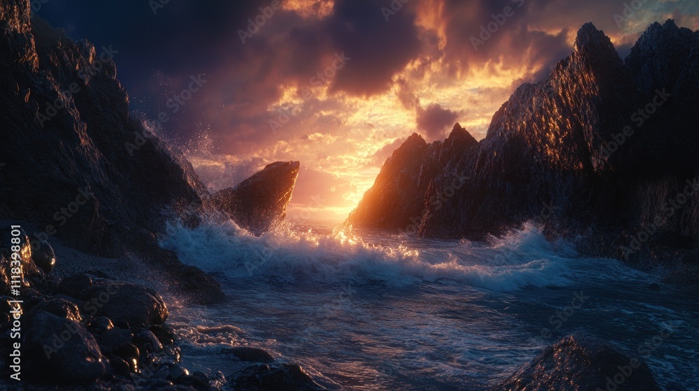 Naklejka premium Dramatic Sunset Over Rocky Coastline Ocean Waves Crashing