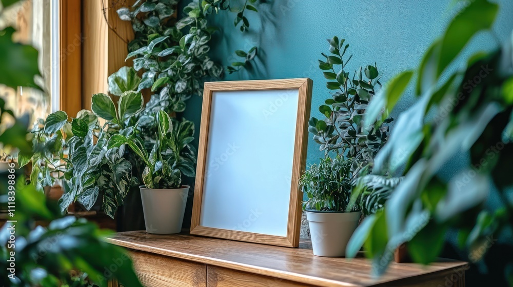 Blank Frame Amidst Lush Green Houseplants On Wooden Table Blank Frame Amidst Lush Green Houseplants On Wooden Table