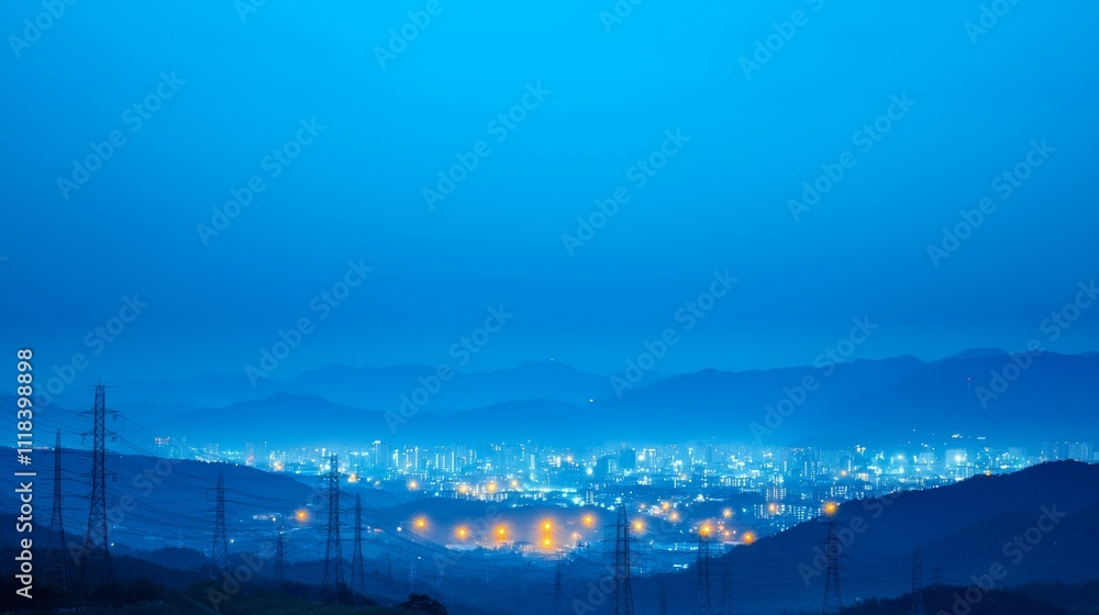 Naklejka premium Illuminated Cityscape at Night with Renewable Energy Sources