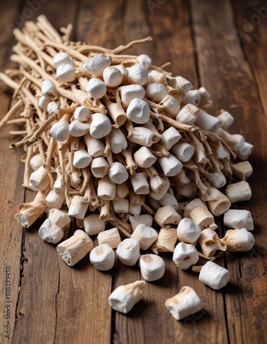 a bundle of dried marshmallow root on a wooden background, marshmallow plant, sphagnum moss photo