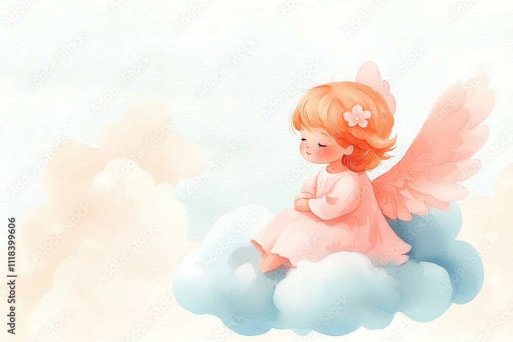 Always loved and remembered. Cute angel child resting on a cloud in a serene sky. Always loved and remembered. Cute angel child resting on a cloud in a serene sky.