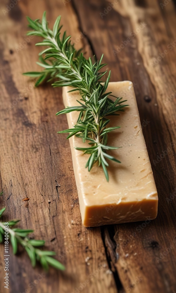 A handcrafted rosemary soap bar rests on a rustic wooden table, with a few dried rosemary leaves and some greenery surrounding it, creating a peaceful atmosphere, rustic wood, natural, relaxation A handcrafted rosemary soap bar rests on a rustic wooden table, with a few dried rosemary leaves and some greenery surrounding it, creating a peaceful atmosphere, rustic wood, natural, relaxation