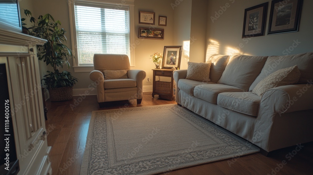 Fototapeta premium Sunlit Living Room With Sofa Chair And Plants