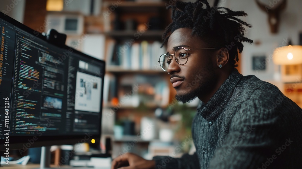 A focused individual programming at a computer in a cozy workspace. A focused individual programming at a computer in a cozy workspace.