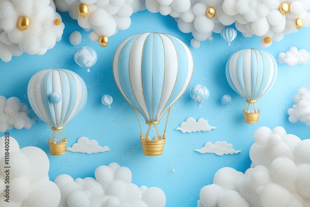 Naklejka premium Three blue and white hot air balloons float amidst fluffy white clouds on a light blue background.