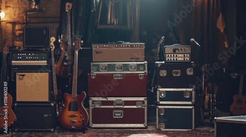 Vintage guitars and amps in a dimly lit room.
