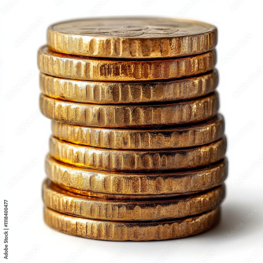 A pile of golden coins stacked neatly A pile of golden coins stacked neatly