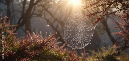 Dew-kissed cobweb suspended from heather branches under sun, landscape, cobweb, heather photo