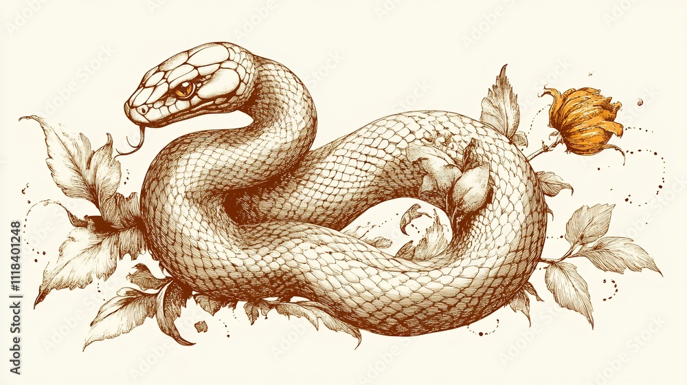 Fototapeta premium Graceful snake coiled a spiral symbolizing transformation and growth leaving ample space for text on renewal or empowerment themes
