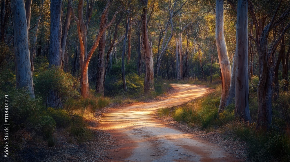 Obraz premium Sunlit Path Winding Through A Eucalyptus Forest