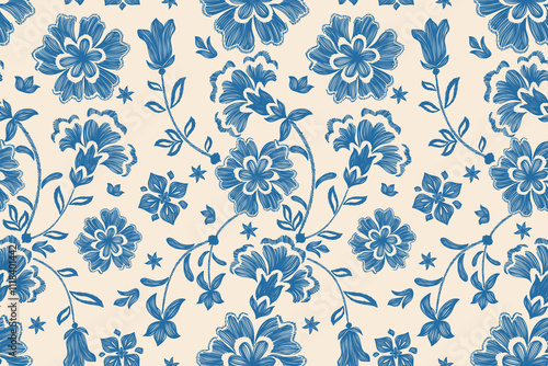 Vintage floral ethnic tapestry modern embroidery texture boho design vector illustration hand drawn silhouette indigo blue flower motif branches leaves wallpaper seamless background border.