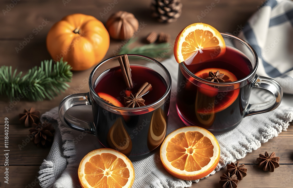 Hot winter mulled wine with spices and orange slices in rustic mugs on a wooden table.