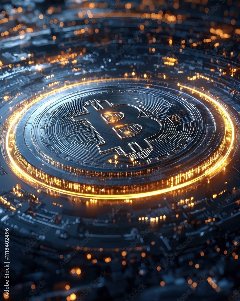 Fototapeta premium Bitcoin cryptocurrency trading event digital space graphic design futuristic environment close-up view blockchain concept