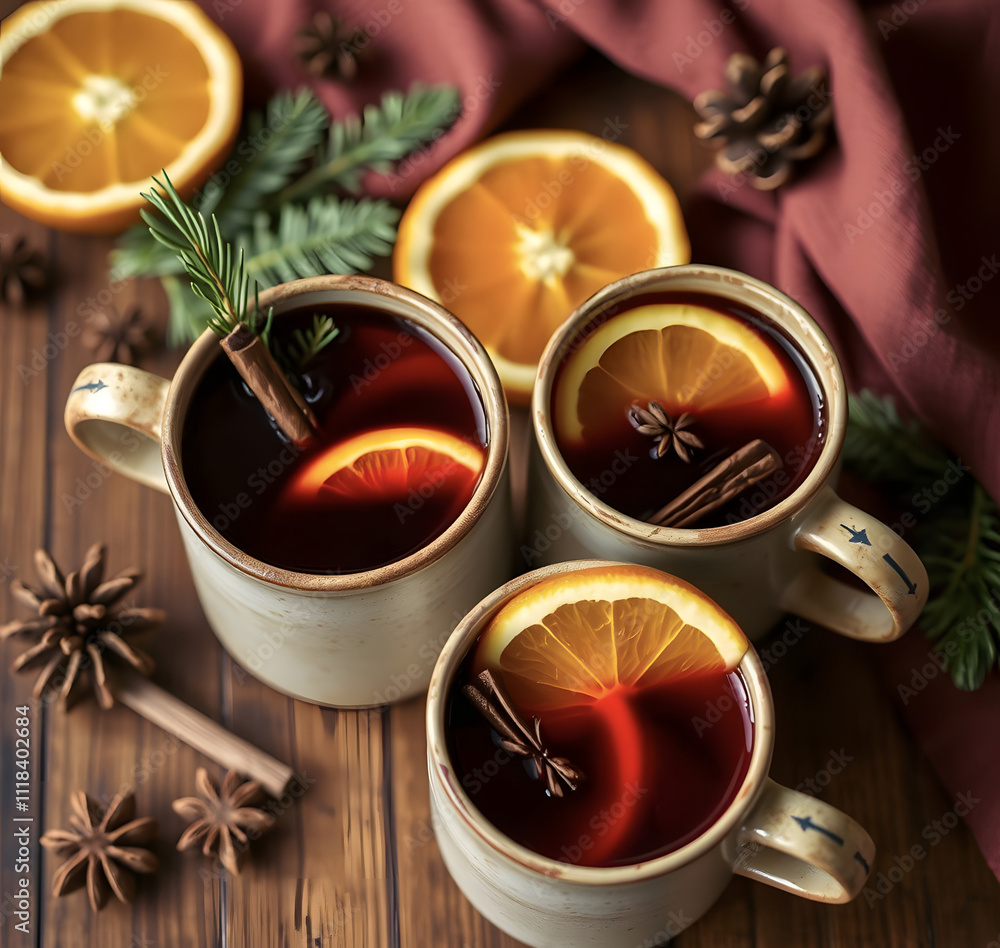 Hot winter mulled wine with spices and orange slices in rustic mugs on a wooden table. Hot winter mulled wine with spices and orange slices in rustic mugs on a wooden table.