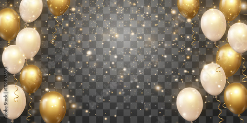 Vector golden luxury balloons with flying particles of light isolated on png background. Realistic festive 3d helium balloons with magical light dust. Vector illustration on transparent background