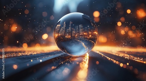 Dynamic reflection of city lights in crystal sphere urban nightscape digital art futuristic environment low angle view visual concept photo