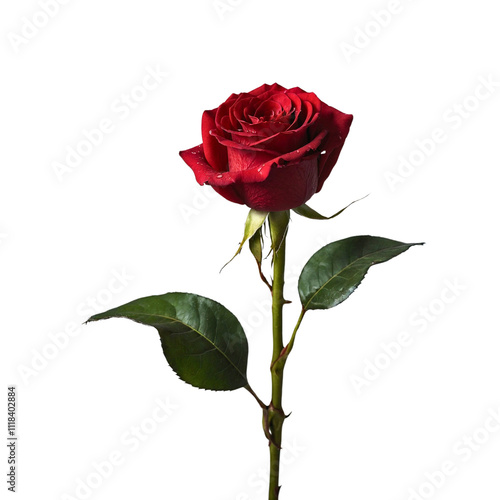 Single red rose long stem vertical stand pose isolated on transparent background