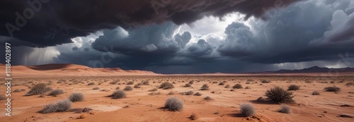 Storm clouds gather above a desolate, barren landscape, empty landscape, storm cloud, strong gusts photo