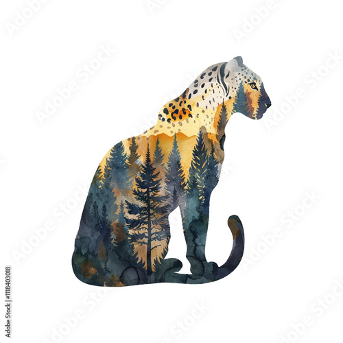 silhouette leopard with forest scene inside vector illustration in watercolor style