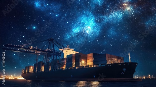 Fototapeta Naklejka Na Ścianę i Meble -  Nighttime view of a container ship under a galaxy of stars, highlighting cosmic-scale connectivity 