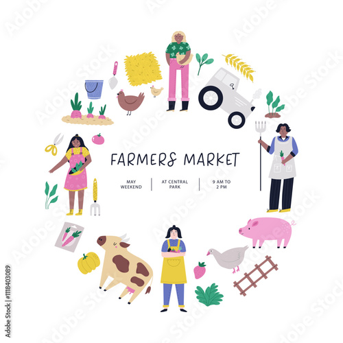 Vibrant hand drawn farmers market circle poster. Vector banner, templates for agricultural fair, agricultural festival.