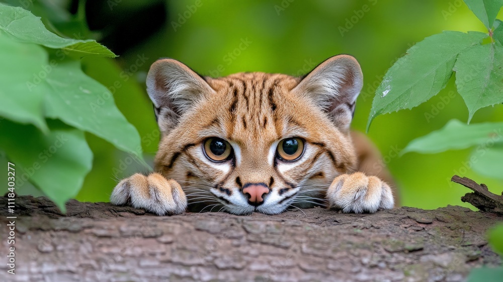 Curious Ocelot Kitten Peeking Through Leaves: A captivating portrait of a young ocelot kitten peering through vibrant green foliage, its curious gaze and striking markings command attention. Curious Ocelot Kitten Peeking Through Leaves: A captivating portrait of a young ocelot kitten peering through vibrant green foliage, its curious gaze and striking markings command attention.