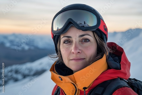 winter sports fashion, a spanish woman in ski gear, capturing the spirit of adventure as she gazes into the snowy slopes, with space for text