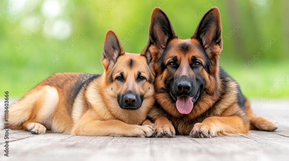 German Shepherd Duo: A heartwarming portrait of two German Shepherds, one with a playful tongue out, captured in a moment of affectionate companionship. German Shepherd Duo: A heartwarming portrait of two German Shepherds, one with a playful tongue out, captured in a moment of affectionate companionship.