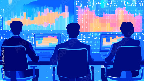 Businessmen monitoring stock market data on computers, analyzing graphs and charts displayed on large screens in a dark office