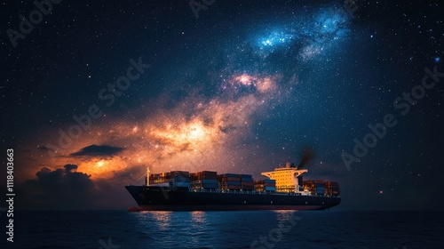 Nighttime view of a container ship under a galaxy of stars, highlighting cosmic-scale connectivity  photo