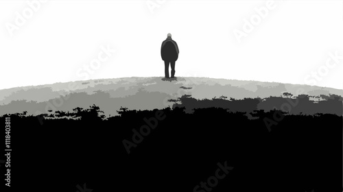 illustration of a senior man standing on a hilltop, admiring the view in shades of black, gray and white