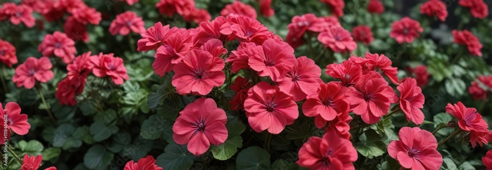 Vibrant geranium flowers with bright red pink petals and green foliage, summer garden, verdant foliage, flower Vibrant geranium flowers with bright red pink petals and green foliage, summer garden, verdant foliage, flower
