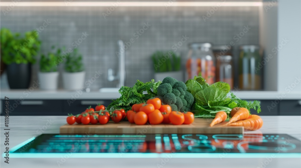 Smart Kitchen Technology: A modern kitchen with a sleek, futuristic display showcasing fresh produce. The image conveys the seamless integration of technology into the culinary world. Smart Kitchen Technology: A modern kitchen with a sleek, futuristic display showcasing fresh produce. The image conveys the seamless integration of technology into the culinary world.