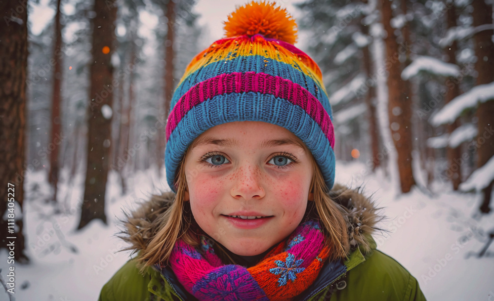 A young girl wearing a colorful hat and scarf is smiling in the snow. The hat has a pom pom on top and is striped in blue, pink, and yellow. The scarf is also colorful and has a snowflake design A young girl wearing a colorful hat and scarf is smiling in the snow. The hat has a pom pom on top and is striped in blue, pink, and yellow. The scarf is also colorful and has a snowflake design
