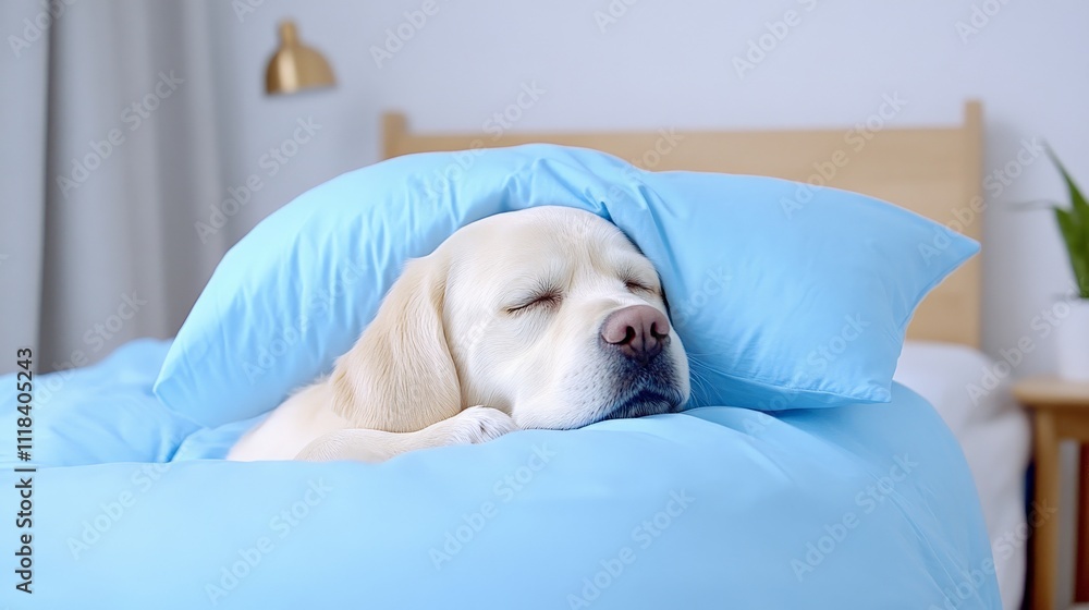 Peaceful Pup's Slumber: A heartwarming image of a yellow Labrador Retriever dog nestled comfortably in a light blue duvet, enjoying a peaceful nap. The scene evokes feelings of serenity and comfort. Peaceful Pup's Slumber: A heartwarming image of a yellow Labrador Retriever dog nestled comfortably in a light blue duvet, enjoying a peaceful nap. The scene evokes feelings of serenity and comfort.
