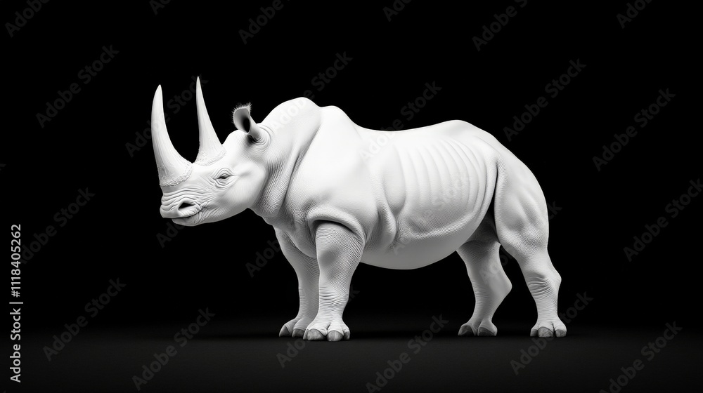 White Rhino 3D Model: A majestic white rhinoceros rendered in 3D with meticulous detail. Its powerful form and distinctive horns stand out against a black background. White Rhino 3D Model: A majestic white rhinoceros rendered in 3D with meticulous detail. Its powerful form and distinctive horns stand out against a black background.