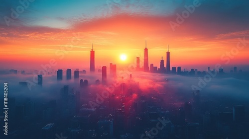 Vibrant sunrise over a foggy city skyline.