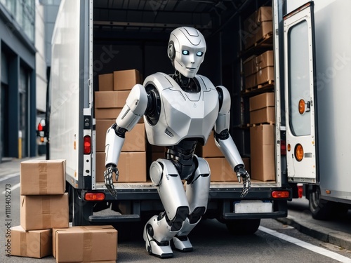 A humanoid robot courier carrying boxes, showcasing futuristic delivery technology and the integration of robots in logistics and transportation