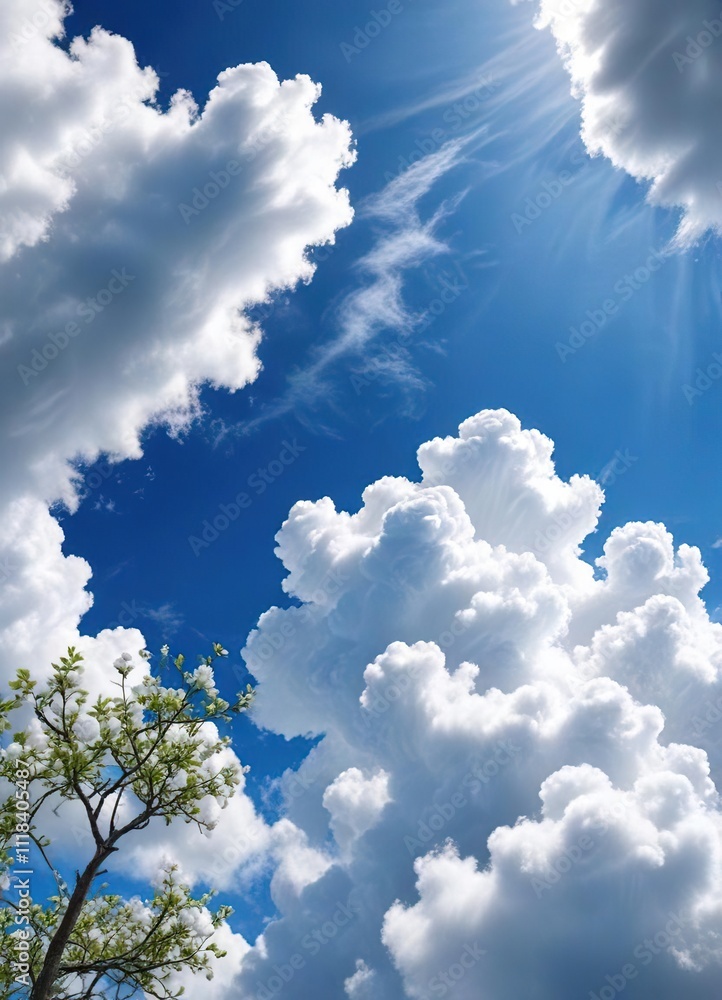 Fluffy white clouds against a brilliant blue spring sky, soft, cloud, bright Fluffy white clouds against a brilliant blue spring sky, soft, cloud, bright
