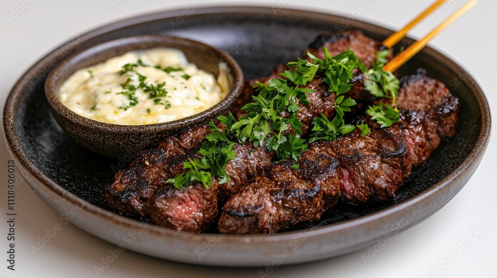 Grilled beef skewers with garlic sauce home kitchen food cozy atmosphere close-up culinary delight Grilled beef skewers with garlic sauce home kitchen food cozy atmosphere close-up culinary delight