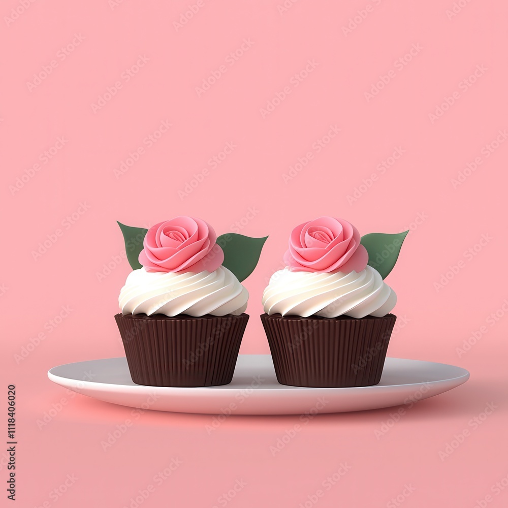 Valentine chocolate buttercream idea. Delicious chocolate cupcakes topped with pink roses on a plate.