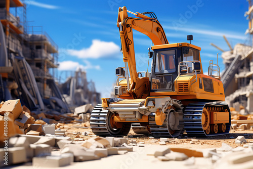 Attractive Small yellow toy excavator sits on top of open laptop keyboard