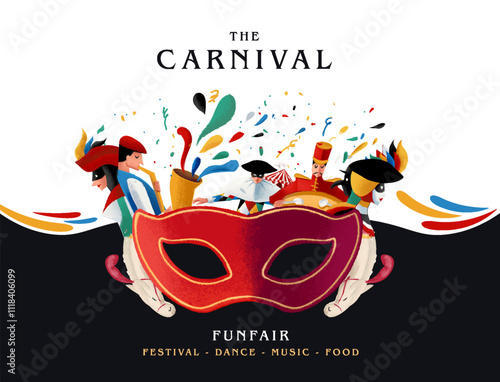 illustration of carnival festival with harlequin mask circus music dance in vintage style