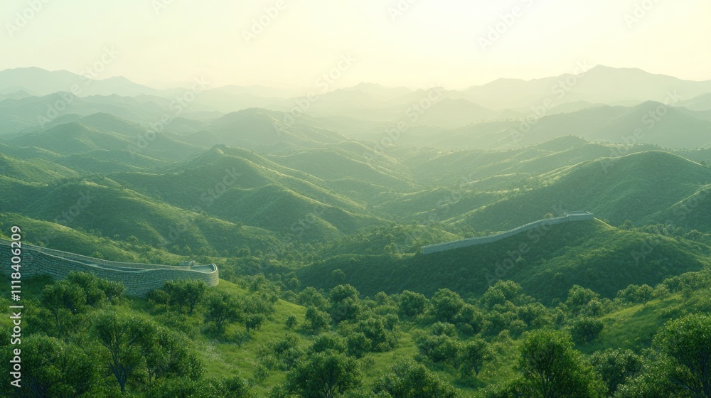 Fototapeta premium Panoramic view of the Great Wall of China winding through lush green hills. Misty mountains in the distance.