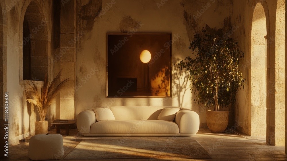 Obraz premium Sunlit Interior Design Featuring Modern Sofa and Artwork