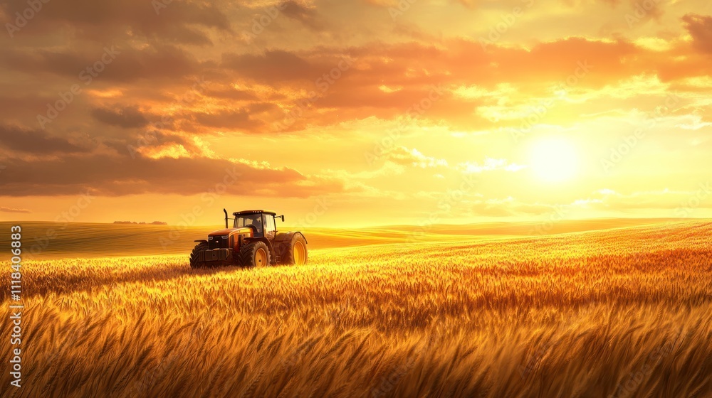 Fototapeta premium Tractor in Golden Wheat Field at Sunset