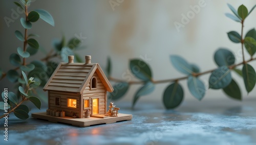 Wallpaper Mural Illuminated wooden cabin nestled amongst eucalyptus branches, glowing warmly in the night. A tranquil, serene scene. Torontodigital.ca