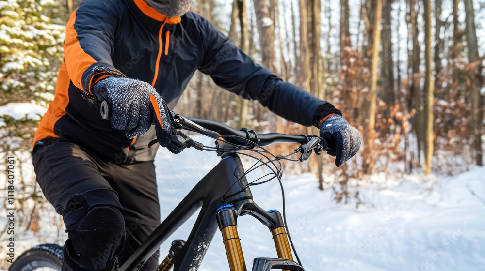 Mountain biker on snowy forest trail, winter ride. Mountain biker on snowy forest trail, winter ride.