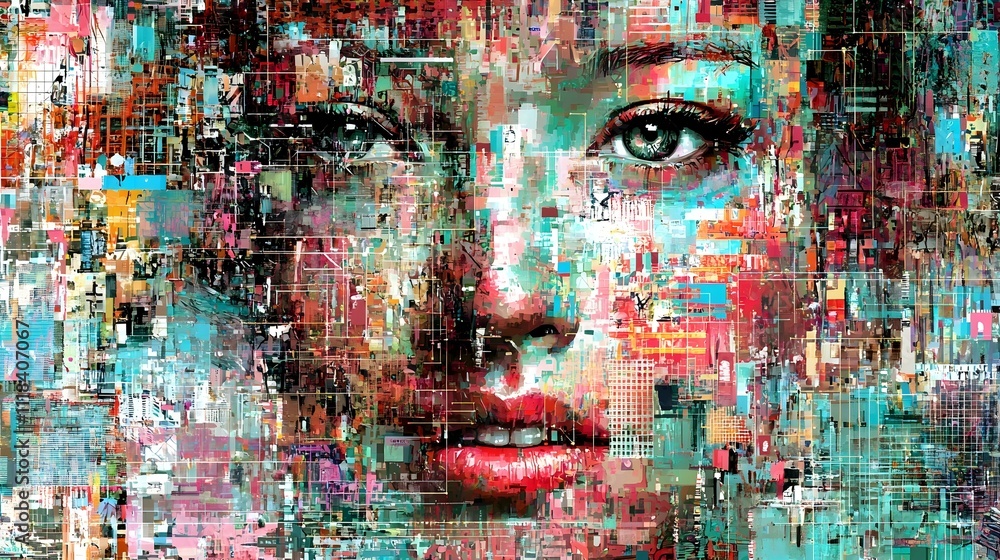 Abstract portrait of a woman, face composed of colorful fragmented cityscapes. Digital art, modern art. Abstract portrait of a woman, face composed of colorful fragmented cityscapes. Digital art, modern art.